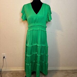 Pinch Kelly Green Ruffle Tiered Maxi Dress Womens Large V-Neck Flutter Sleeve